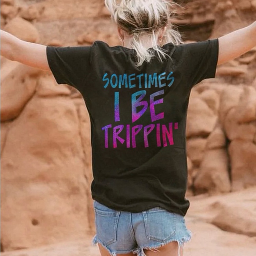 Black Graphic Tee with Blue and Pink Text
